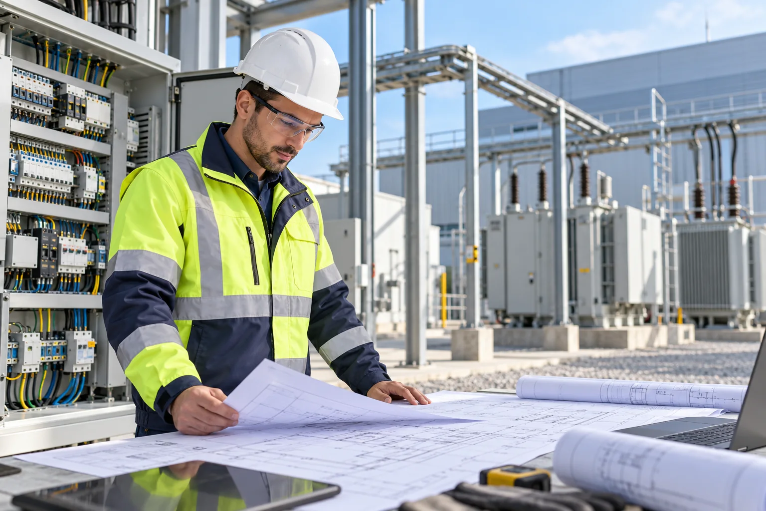 Engenheiro analisando projeto elétrico